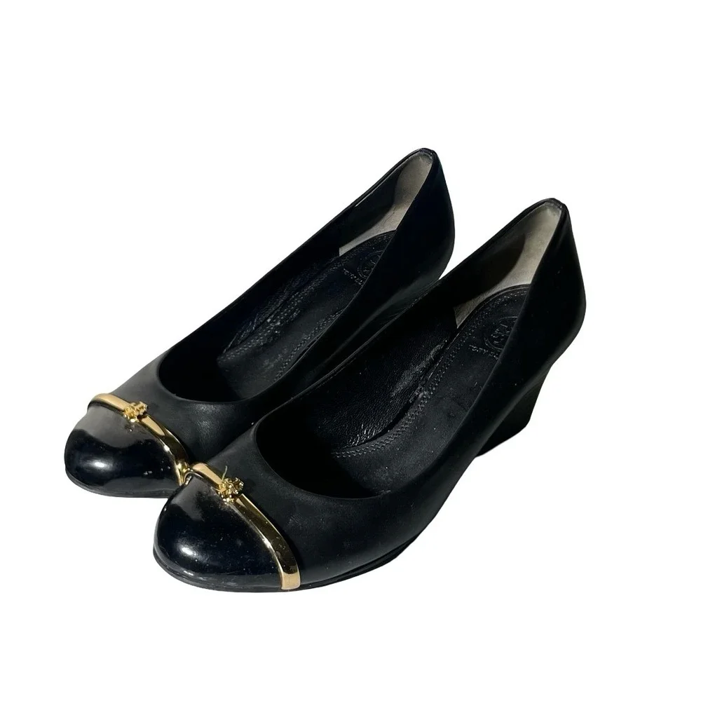 Tory Burch Black Leather Cap Toe Wedge Pumps Gold Logo Hardware Size 6.5
